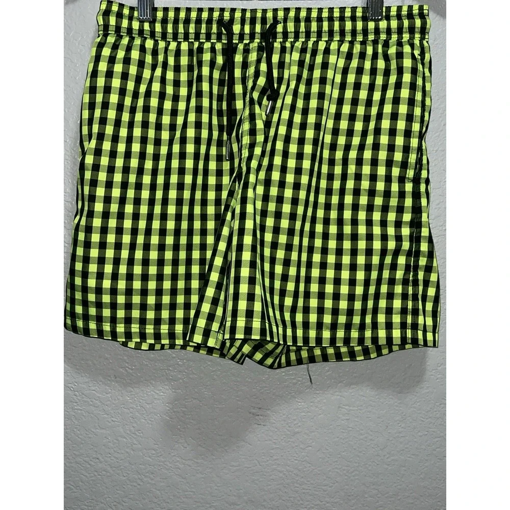 JARED LANG Men's Checkered Swim Trunks Neon Lime Black Plaid Shorts Sz. Medium